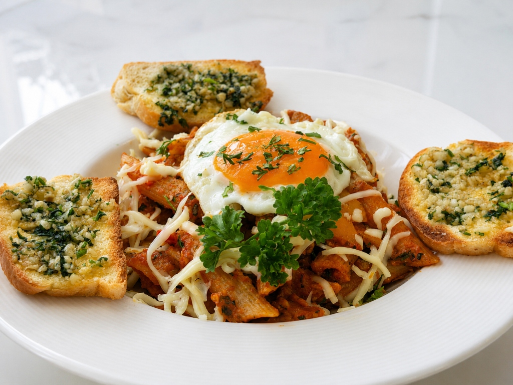 Silky penne pasta topped with a fried egg and toasted garlic at Kahani Cafe