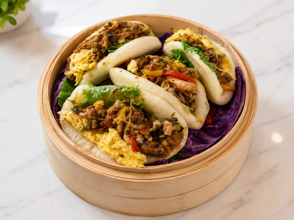 Soft steamed chicken bao buns stuffed with egg and greens in steam basket at Kahani Cafe