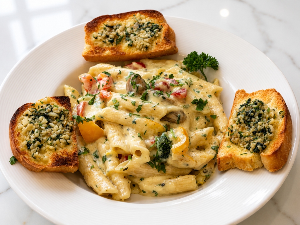 Creamy penne alfredo pasta served with crispy garlic bread toast at Kahani Cafe